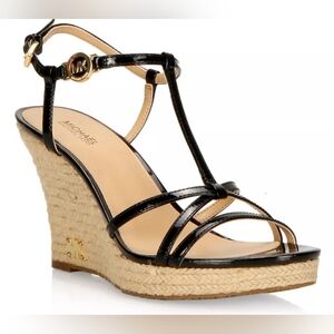 MICHAEL Kors Kami Black Leather Espadrille Wedge Sandals 9-9.5